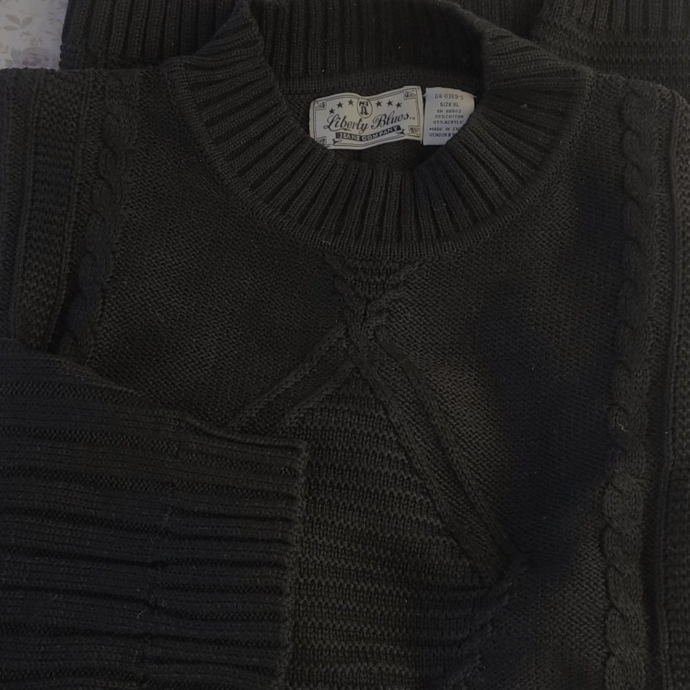 Mans Jet Deep Black Cable Front Crew Neck Sweater XL Cotton Blend Liberty Blues